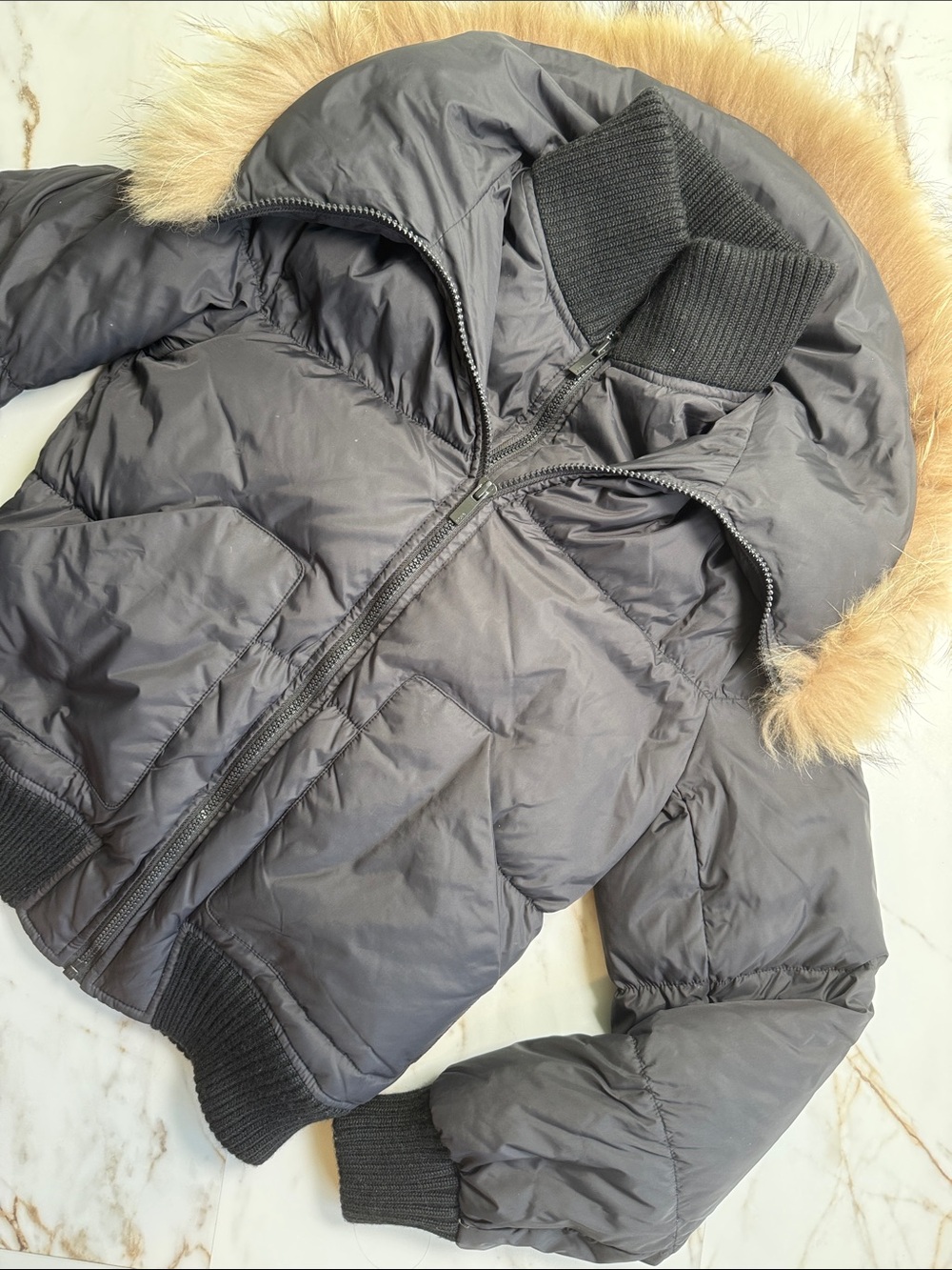 BCBGMaxariza Double Layer Puffer Jacket Sz XS Duck Down with Racoon Fur Collar